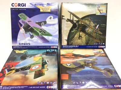 4 X Boxed Corgi Aviation Archive Aircraft, A Albatros D.V #AA37807, A Gloster Gladiator MK.II #AA36212, A Spad XIII #AA37909 And A Fairey Sworfish MK.I # AA 36311. (4).