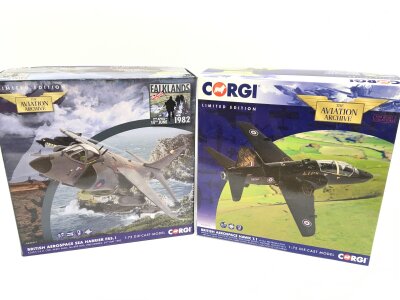 2 Boxed Corgi Aviation Archive Aircraft, A British Aerospace Sea Harrier FRS.1 #AA32417 And A British Aerospace Hawk T.1 #AA36016.(2).