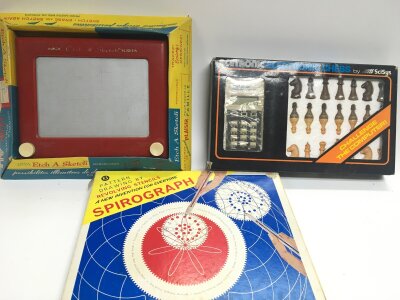 A Vintage Etch-A Sketch, A Boxed Acetronic Eletronic Chess Set And A Spirograph.