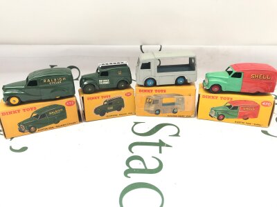 4 Boxed Dinky Toys. A Austin Van Raleigh Cycles #472. A Telephone Service Van #262, A Electric Dairy Van #30V And A Austin Van Shell #470. Boxes In Various States.