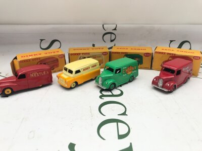 4 Boxed Dinky Toys. A Austin Van Nestle #471 (Box Is Worn) a Bedford 10 CWT Van Dinky Toys #482. A Trojan 15 CWT Van Cydrax #454 And A Trojan Van Brooke Bond #455.