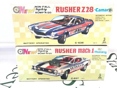 2 X Boxed Japanese Tinplate Battery Operated Rusher Cars.(2). No Reserve.