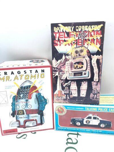 3 X Boxed Japanese Battery Operated Toys. A Cragstan Mr. Atomic, A Yonezawa Talking Police Car And A Television Space Man (Repro Box). No Reserve. (3).