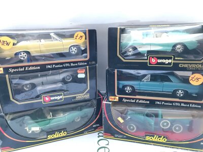 6 Boxed 1/18 Scale Diecast Cars By Solido, Maisto And Burago. Boxes In Various States. No Reserve.