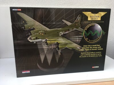 Boxed Corgi Aviation Archive model featuring a Boeing B-17F  The Zoot Suiters.  AA33310 limited edition with Sights and Sounds features including Bomber engine..flak..bomb blast.  1:72 scale. no reserve.