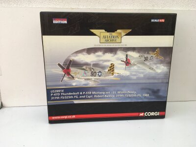 A boxed Corgi Aviation Archive diecast Model featuring a P47D Thunderbolt and a P51B Mustang.  US39914 limited edition 1:72 scale.  No reserve.