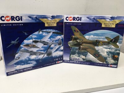 2x boxed Corgi Aviation Archive diecast models featuring a Lockheed P38J Lightning SCRAPIRON IV. AA36613  and a Bristol Blenheim MkIV. F FOR FREDDIE. AA38409.  Both limited edition 1:72 scale.  No reserve