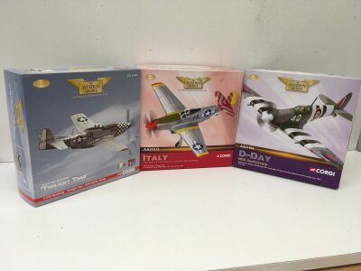 3x Corgi Aviation Archive diecast models featuring AA32220 P51D Mustang TWILIGHT TEAT…AA32212 P51D Mustang TEMPUS FUGIT…AA31906 Supermarine Spitfire MkVB.  All limited edition 1:72 scale. No reserve