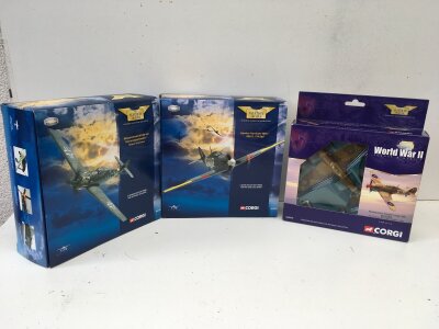 3x boxed Corgi Aviation Archive diecast model featuring AA32001 Hawker Hurricane MkII..AA30701 Hawker Hurricane IIB…AA32101 Messerschmitt Bf109E.  2x limited edition all 1:72 scale.  No reserve