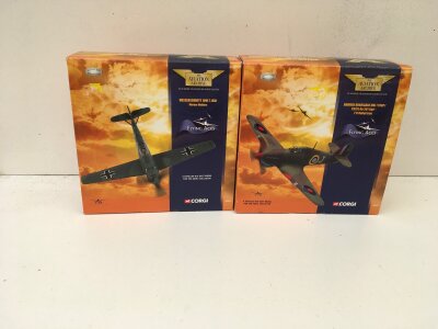 2x boxed Corgi Aviation Archive diecast models featuring 49103 Hawker Hurricane Mk1…49203 Messerschmitt 109E.  Both limited edition 1:72 scale.  No reserve (2)