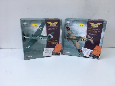 2 x boxed Corgi Aviation Archive diecast modes featuring 49205 Messerschmitt Bf109E…49104 Hurricane MkI. Both include authentic reproduction pilots notes.  Both limited edition 1:72 scale.  No reserve (2)