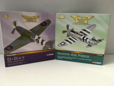 2x boxed limited edition Corgi Aviation Archive diecast models featuring AA32007 Hawker Hurricane Mk11c D Day 60th anniversary and AA33806 P47D Thunderbolt NO GUTS NO GLORY.  1:72 scale. No reserve (2)
