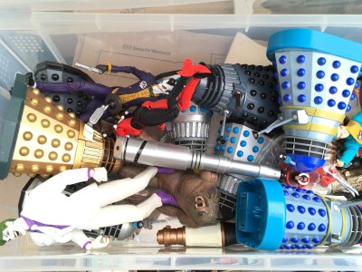A Box Containing Doctor Who Toys. Teenage Mutant Hero Turtles. Thunderbirds Etc. No Reserve.