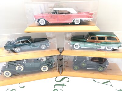 5 Danbury Mint Diecast Cars In Display Cases.