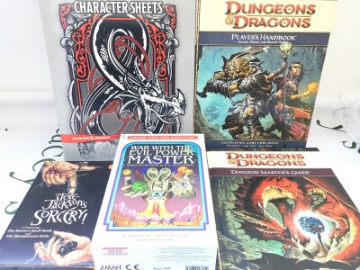 A Small Collection Of Dungeons And Dragons Books. A Steve Jackson Sorcery Book Set And A War With The Evil Power Master Adventure Game.