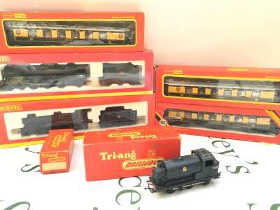 2 Boxed Hornby 00 Gauge Locomotives, A Tri-Ang Saddle Tank. 3 Coaches And. Brake Van.