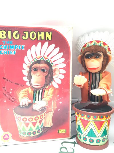 A Boxed Alps Battery Operated Big John The Chimpee Chief. Drum Skin Has Perished. No Reserve.