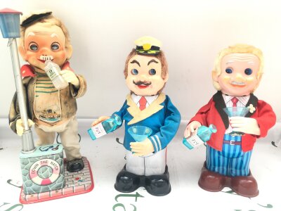 3 X Vintage Japanese Battery Operated Figures. A Drinking Captain, A Captain Blushwell And A Blushing Willy Bartender.