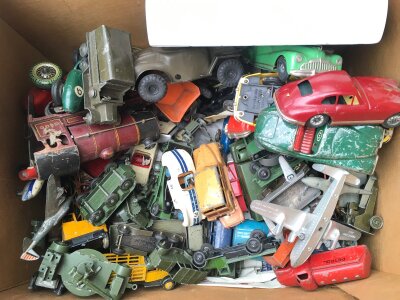 A Box Containing Playworn Diecast Including Dinky, A 0 Gauge Locomotive Etc. No Reserve.