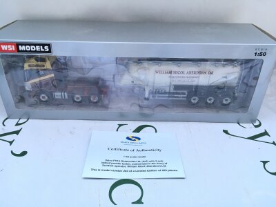 A Boxed WSI Models 1/50 Scale Volvo Globe Trotter XL (6x2) With 3 Axle Bellied Power Tanker. William Nicol. With Certificate.