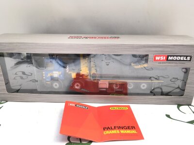 A Boxed WSI Models Scania R Normal I CR20N 10x4 Riged Flatbed Truck + Palfinger Pk 135.002 Tec 7 I Jib. #01-4128.