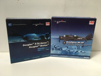 2 x boxed HobbyMaster diecast models in the Air Power Series featuring HA4202  Douglas Boston MkIV. and HA2303 Beaufighter MkVIF.  1:72 scale. No reserve. (2)