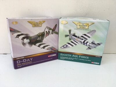 2 x boxed Corgi Aviation Archive diecast models featuring AA31906 Supermarine Spitfire MKVB D Day anniversary and AA33806 P47D Thunderbolt. NO GUTS NO GLORY.   Limited edition 1:72 scale.  No reserve (2)