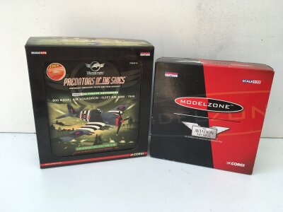 2 x boxed Corgi diecast model aircraft featuring AA32014 Hawker Hurricane and PR99414 Grumman Hellcat Mk1.  Limited editions 1:72 scale.  No reserve (2)