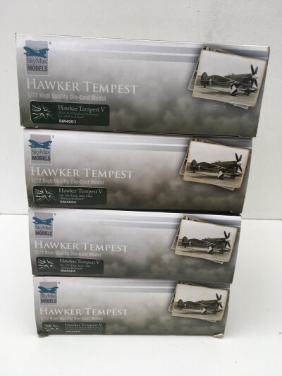4x Boxed Sky Max diecast Models featuring SM4001 Hawker Tempest V. 2x SM4004 Hawker Tempest V and SM4005 Hawker Tempest  V.  1:72 scale.  No reserve. (4)