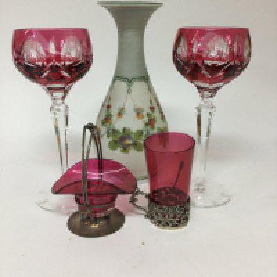 A collection of glass ware including two wine glasses a vase glass beaker with silver rim and a small Cranberry basket . NO RESERVE
