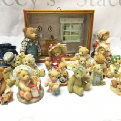 A collection of resin teddy figures including Cherished Teddies figures Ella, Benji, Violet etc. display box, Bentham pottery jug. This lot cannot be posted. NO RESERVE