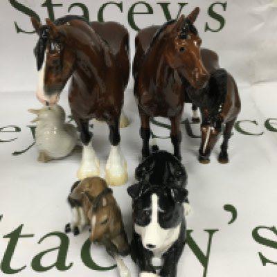 A collection of animal figures including Beswick comprising four horses ,border collie , and duck .