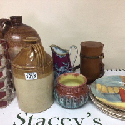 A collection of ceramic and oddments stoneware salt glazed flagon Bretby jardiniere Doulton plates a leather multi bottle hip flask and other oddments in a box. NO RESERVE