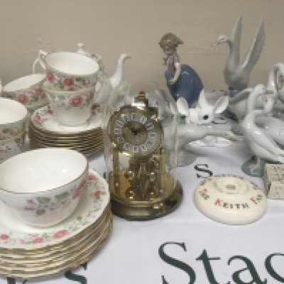 A Royal Albert Aviemore china tea set and a quantity of Lladro and Nao figures geese a clock and other oddments. NO RESERVE
