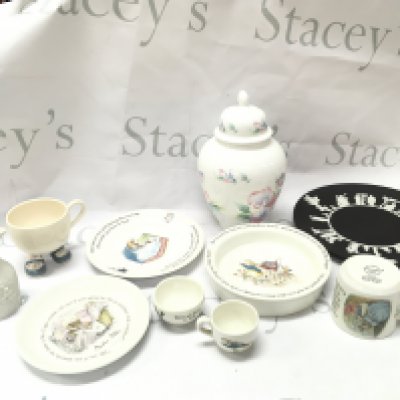 A collection of ceramics including a Wedgwood plate, Wedgwood Beatrix Potter Peter rabbit tea set , Ansley vase. NO RESERVE