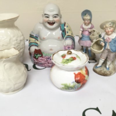 A pair small late Victorian bisque figures Belleek vase and jug and other ornaments. NO RESERVE