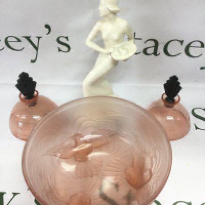 A large smoked glass dish, an Art Deco style figure of a lady, a pair of Deco style perfume bottles etc. Shipping category D.