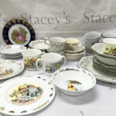 Royal Doulton Disney Winnie the Pooh and Bunnykins christening sets including plate, mugs, bowl etc. also including a Limoges plate and another tea set. This lot cannot be posted