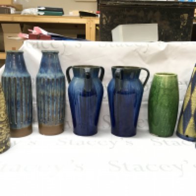 A collection of ceramic vases , made in Denmark . Pair of Bourbe Densy English vases, Bomholm Denmark vases. This lot cannot be posted