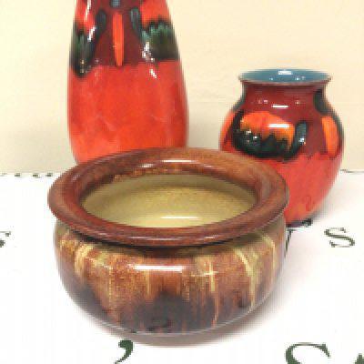 An unusual Carter Stabler Adams Poole pottery bowl and two brightly coloured Poole Pottery Vases. Hight 26cm no obvious damage.