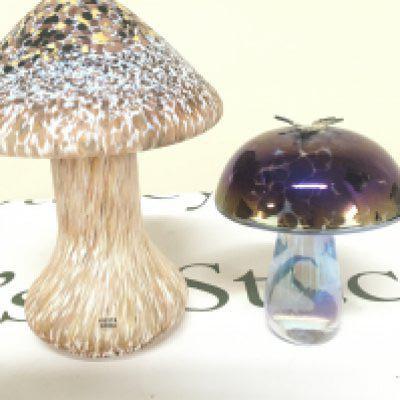 A Kosta Boda art glass mushroom ornament and signed Ditchfield Glassform glass mushroom. With applied dragon fly Hight 20cm no obvious damage.
