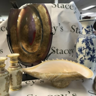 Art glass conch shell dish , signed art glass dish, pair of vases, duck figure , blue and white vase. This lot cannot be posted