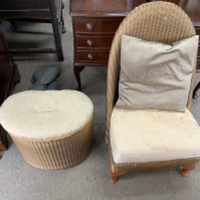 A Lloyd Loom gold painted bedroom chair and ottoman stool, NO RESERVE