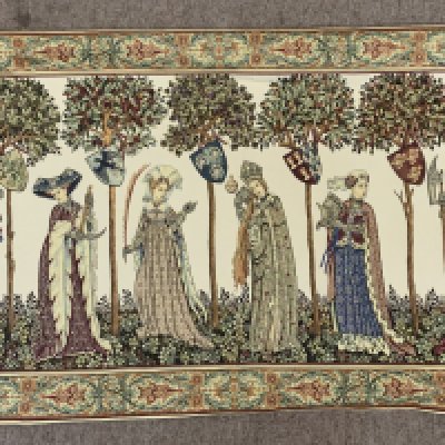A 20th Century wall tapestry depicting a medieval scene. 128cm x 63cm