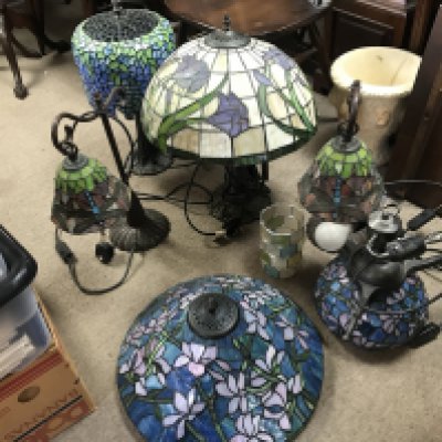 Retrospective copy Tiffany style coloured glass lamps . This lot cannot be posted