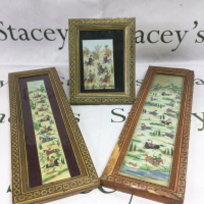 Three framed and glazed Indian paintings, largest approx 14cm x 49cm. Shipping category D.
