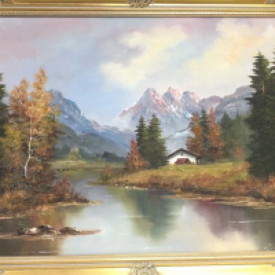 A gilt framed oil on canvas landscape painting with mountains in the background, approx 93cm x 73cm. Shipping category D. NO RESERVE