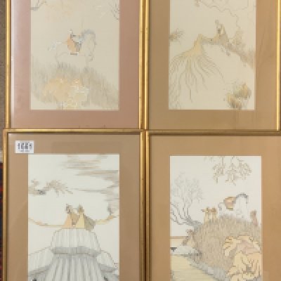 Elenor Clayforth, hand coloured prints titled Crossing to Buckland, Flame of the west, wind of change. 36.5 x 28.5cm ( based on Tolkien & Lord of the rings). (D) NO RESERVE