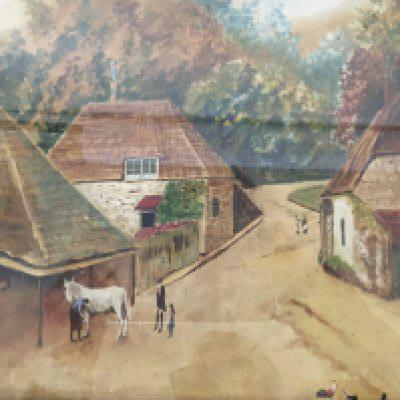 A pair of 19th century gilt framed Vernacular Naive watercolours a view of the Cockington Forge Torque and one other. 56x40cm (2). NO RESERVE