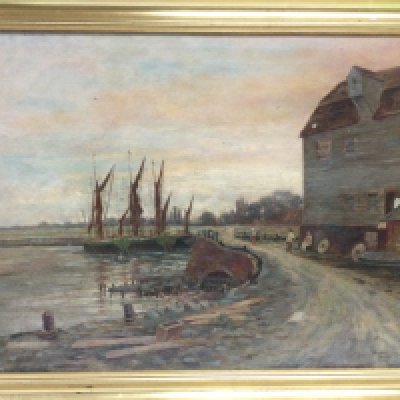 A gilt framed oil on canvas by Herbert Barkas of The Mill at Battlesbridge, Essex, approx 71cm x 57cm. Shipping category D. NO RESERVE